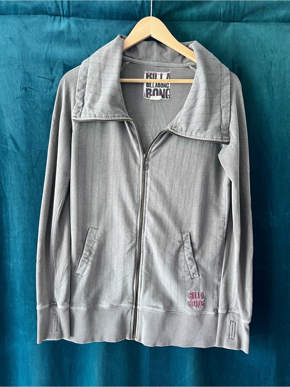 Vintage Y2K Billabong Women's Light Gray Zip Front French Terry Jacket